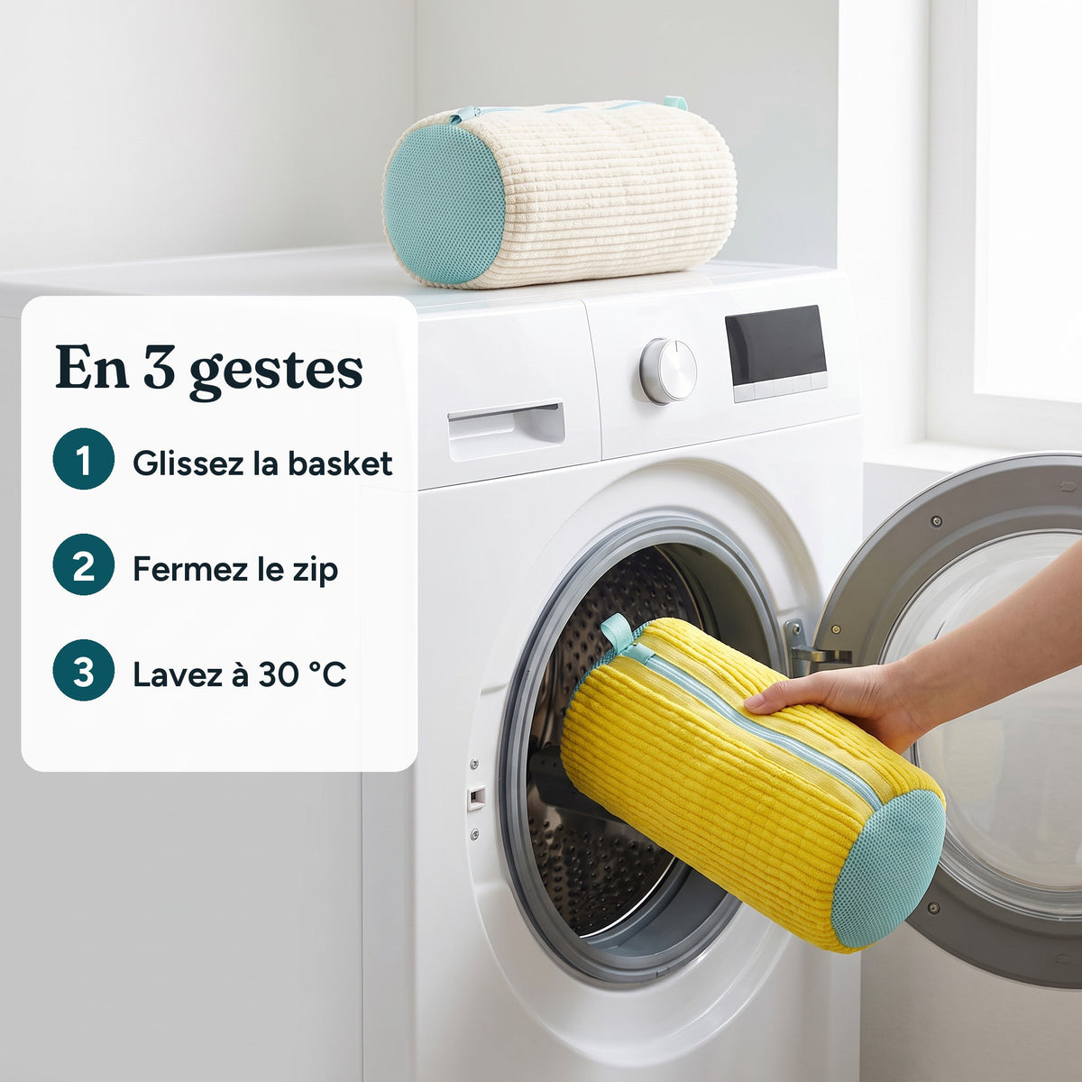 Sac de lavage pour baskets fermé, glissé dans le tambour d'une machine à laver : glissez la basket, fermez le zip, lavez à 30 °C