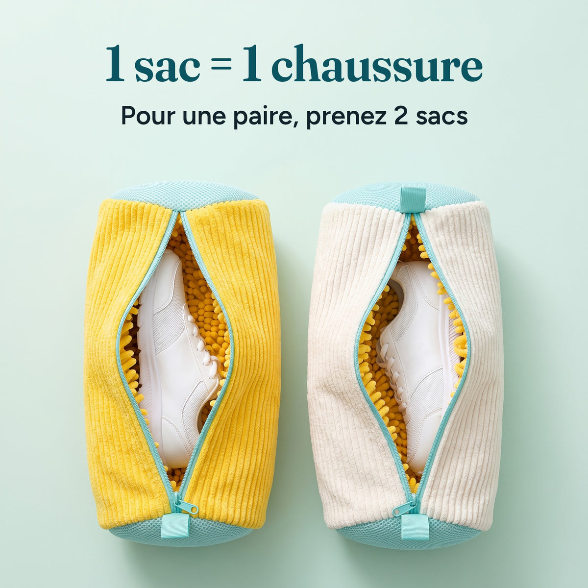 Un sac pour une chaussure : une paire de baskets dans deux sacs de lavage