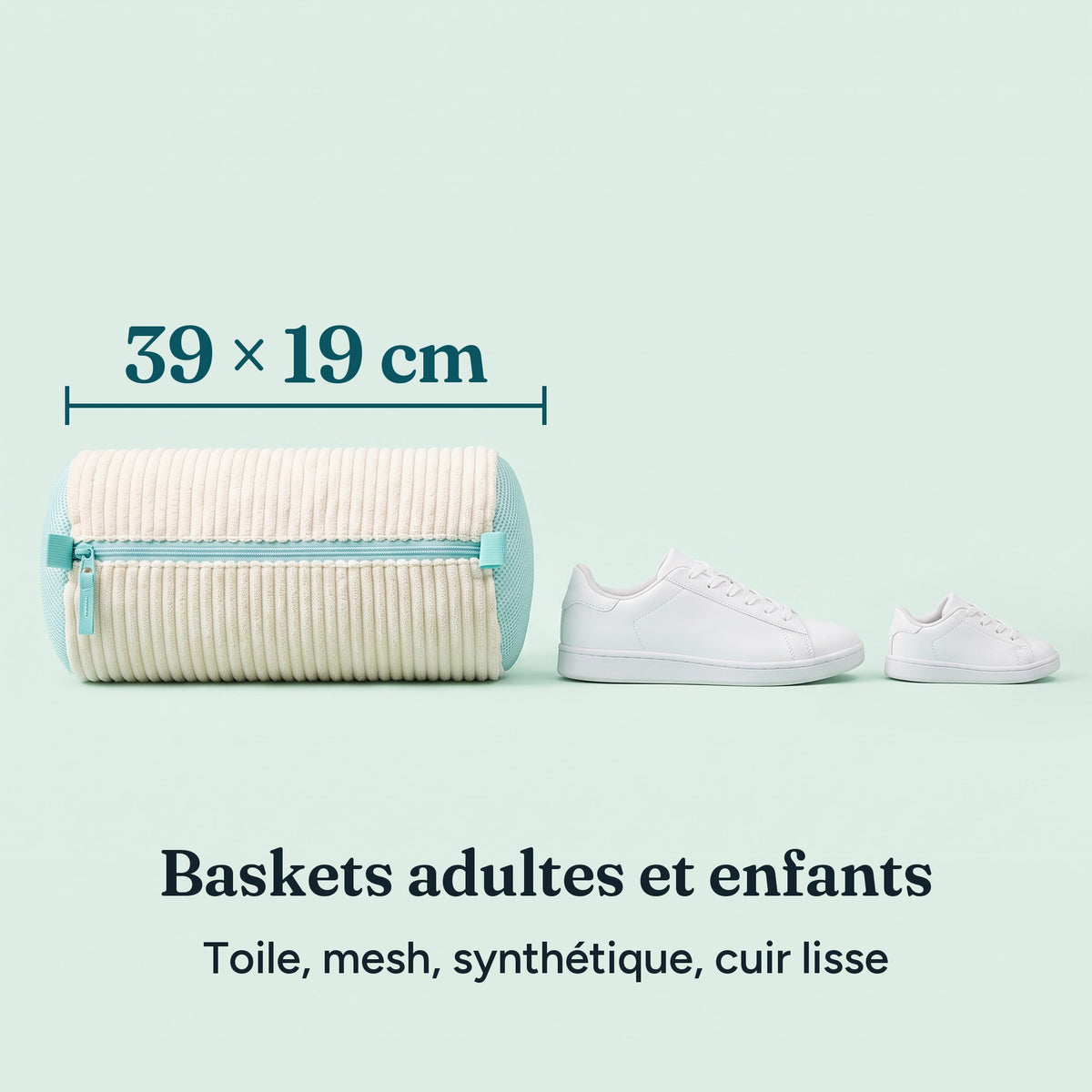 Dimensions du sac de lavage, 39 × 19 cm, pour baskets adultes et enfants