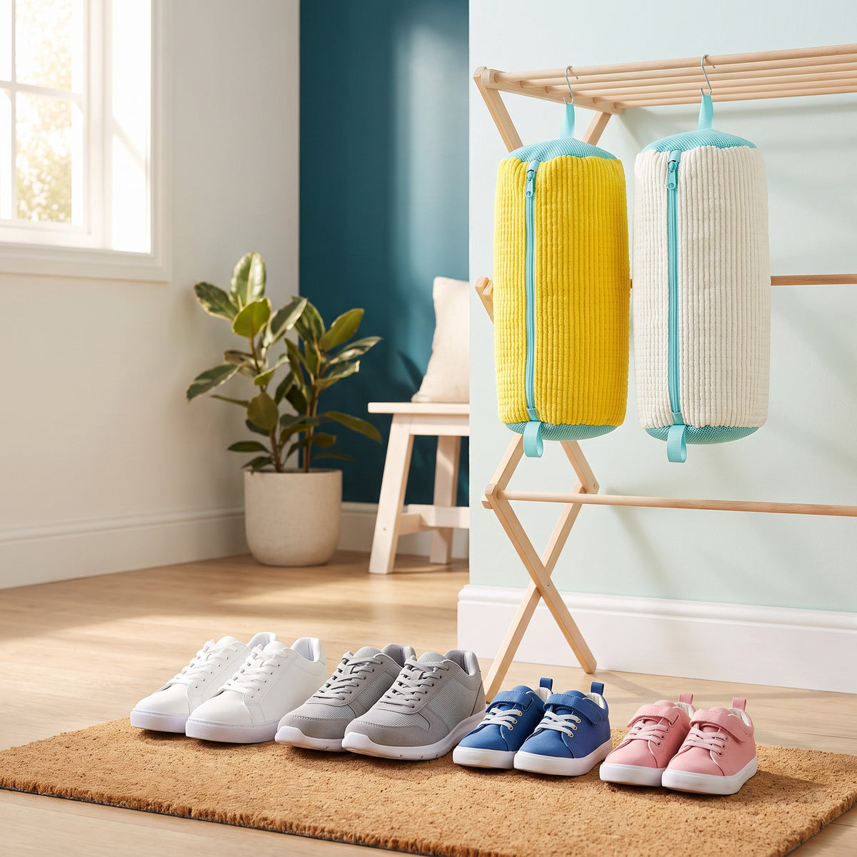 Baskets propres de toute la famille à l'entrée, sacs de lavage en train de sécher