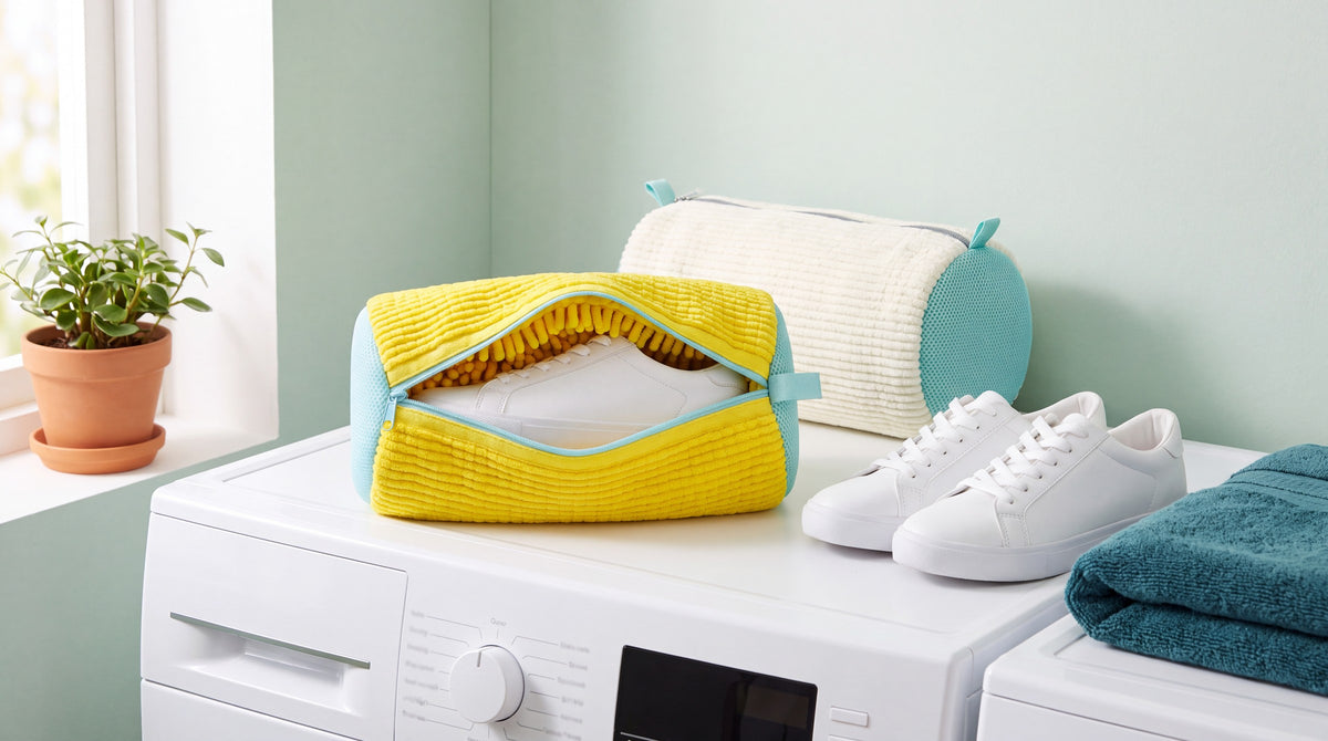 Buanderie lumineuse, sacs de lavage pour baskets sur une machine à laver