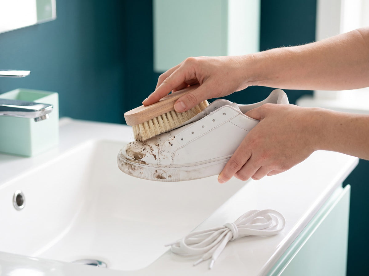 Brosser la boue et retirer les lacets avant le lavage