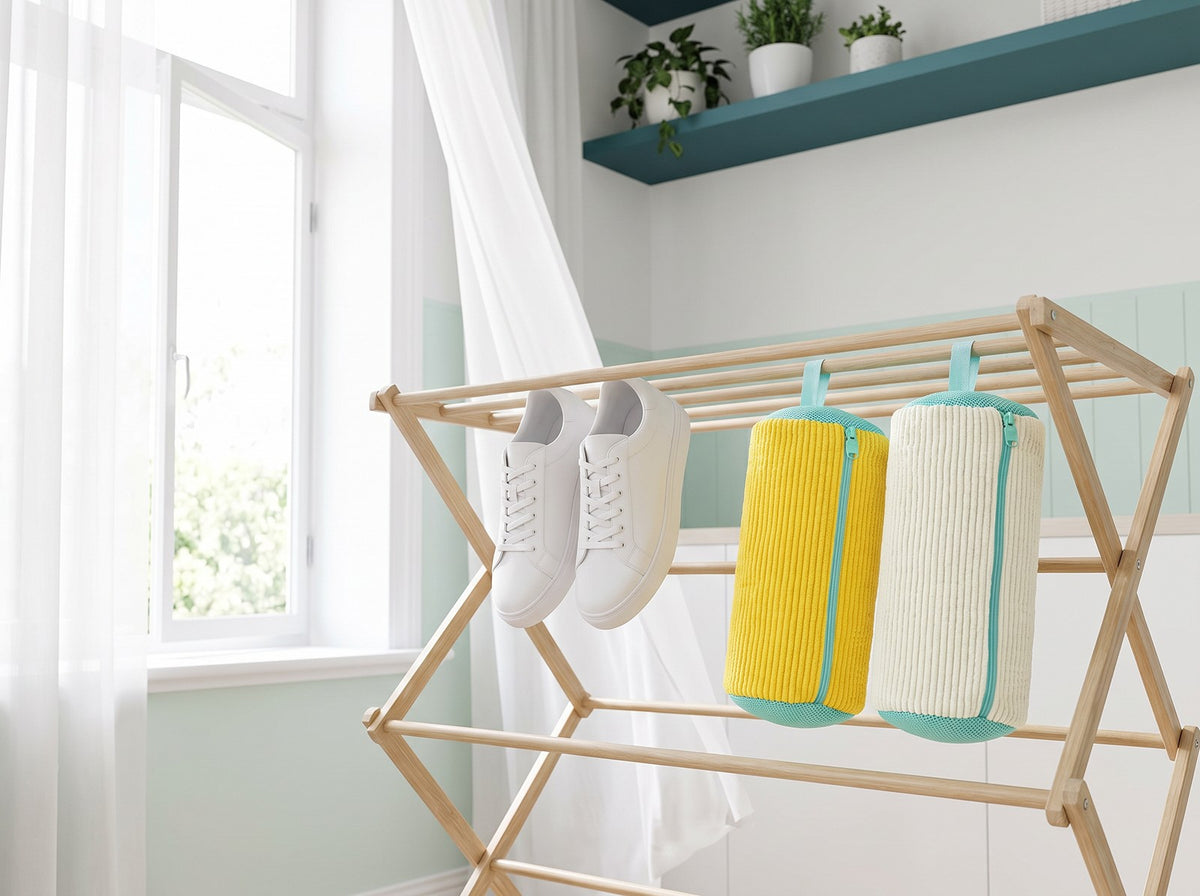 Baskets propres qui sèchent à l'air libre près d'une fenêtre