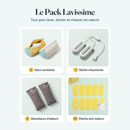Le Pack Lavissime : 2 sacs de lavage, le sèche-chaussures, 2 absorbeurs d’odeurs et 10 patchs anti-odeurs
