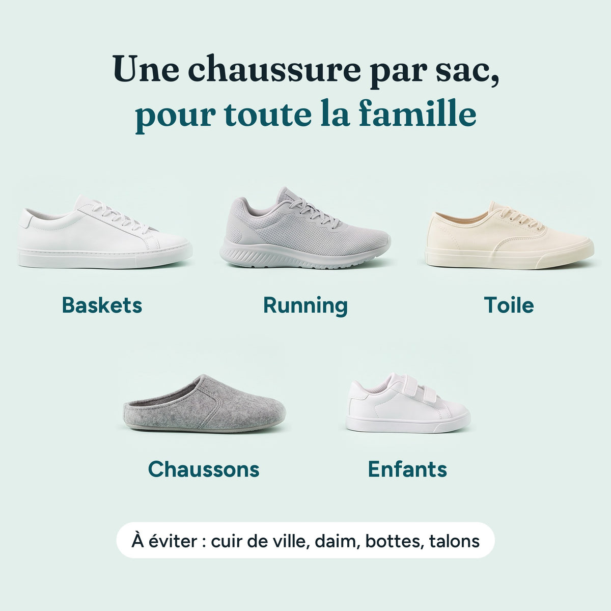 Une chaussure par sac, pour toute la famille : baskets, running, toile, chaussons et chaussures d’enfants