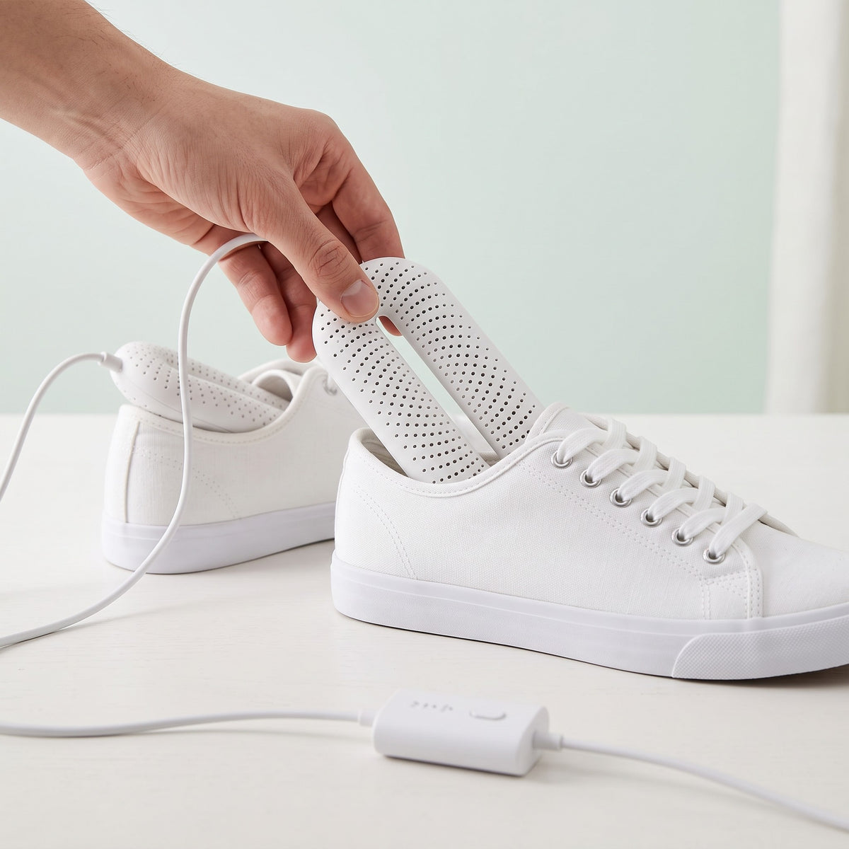 Une main glisse un embout du sèche-chaussures dans une basket en toile