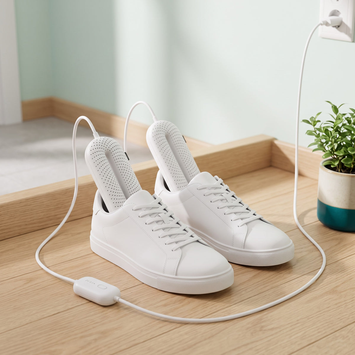 Un embout du sèche-chaussures dans chaque basket, branché dans l’entrée